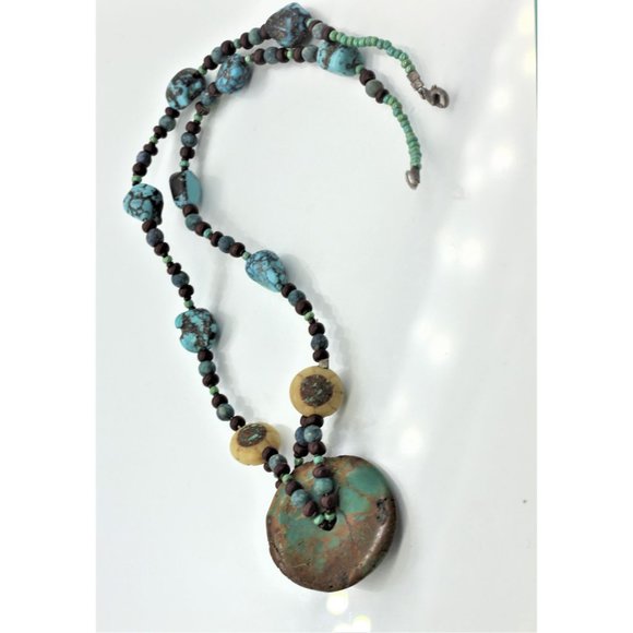 925 STERLING TURQUOISE antique,primitive, native,handmade necklace 17" 23.5 gram - Picture 1 of 10